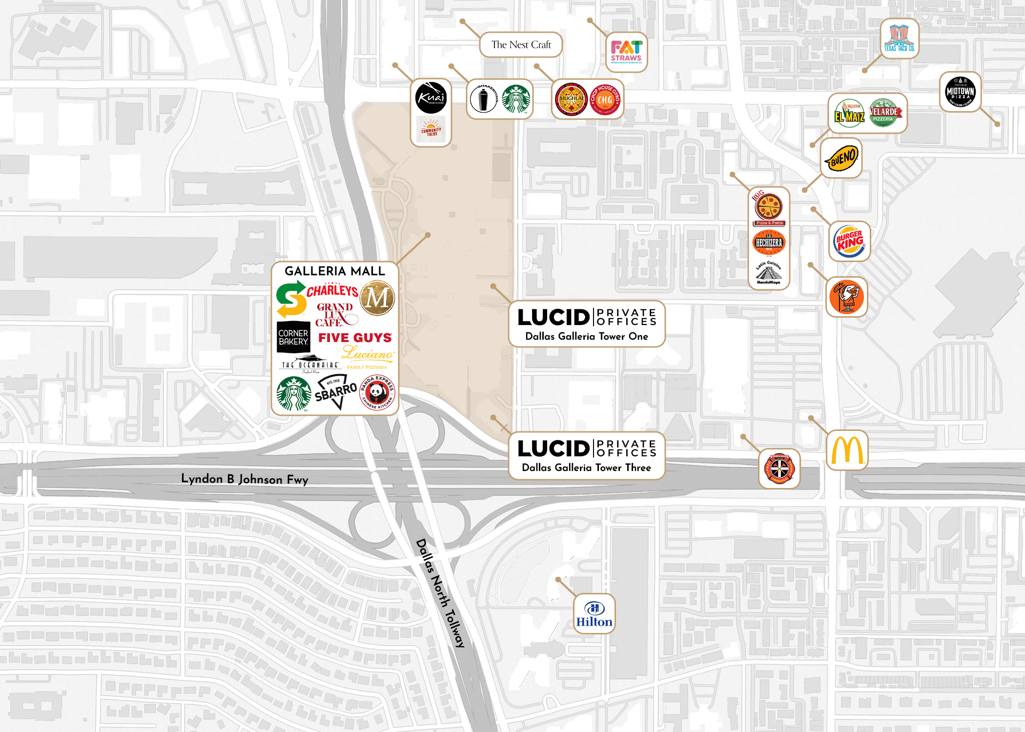 Nearby amenities map for Dallas Galleria Tower One