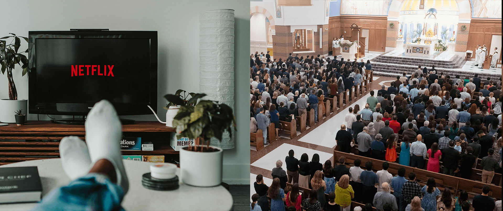 A comparison photo between TV at home versus attending in person