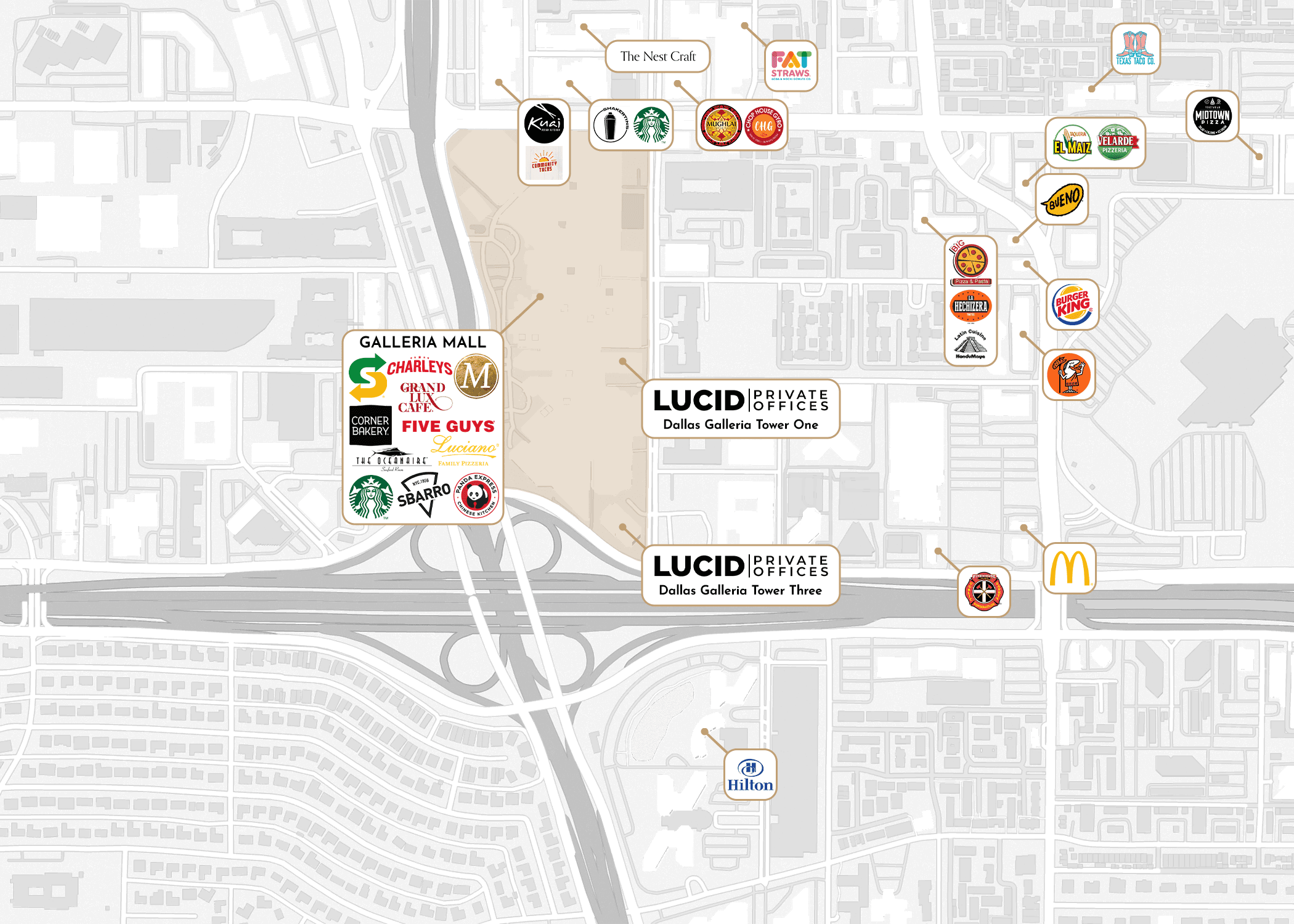 Nearby amenities map for Dallas Galleria Tower Three