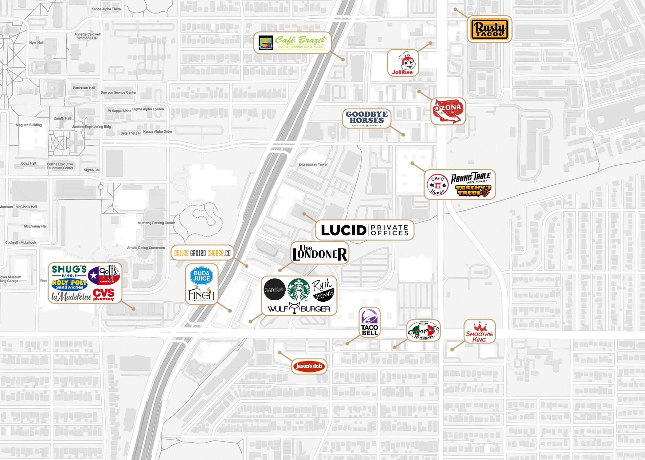 Nearby amenities map for Mockingbird Station / SMU