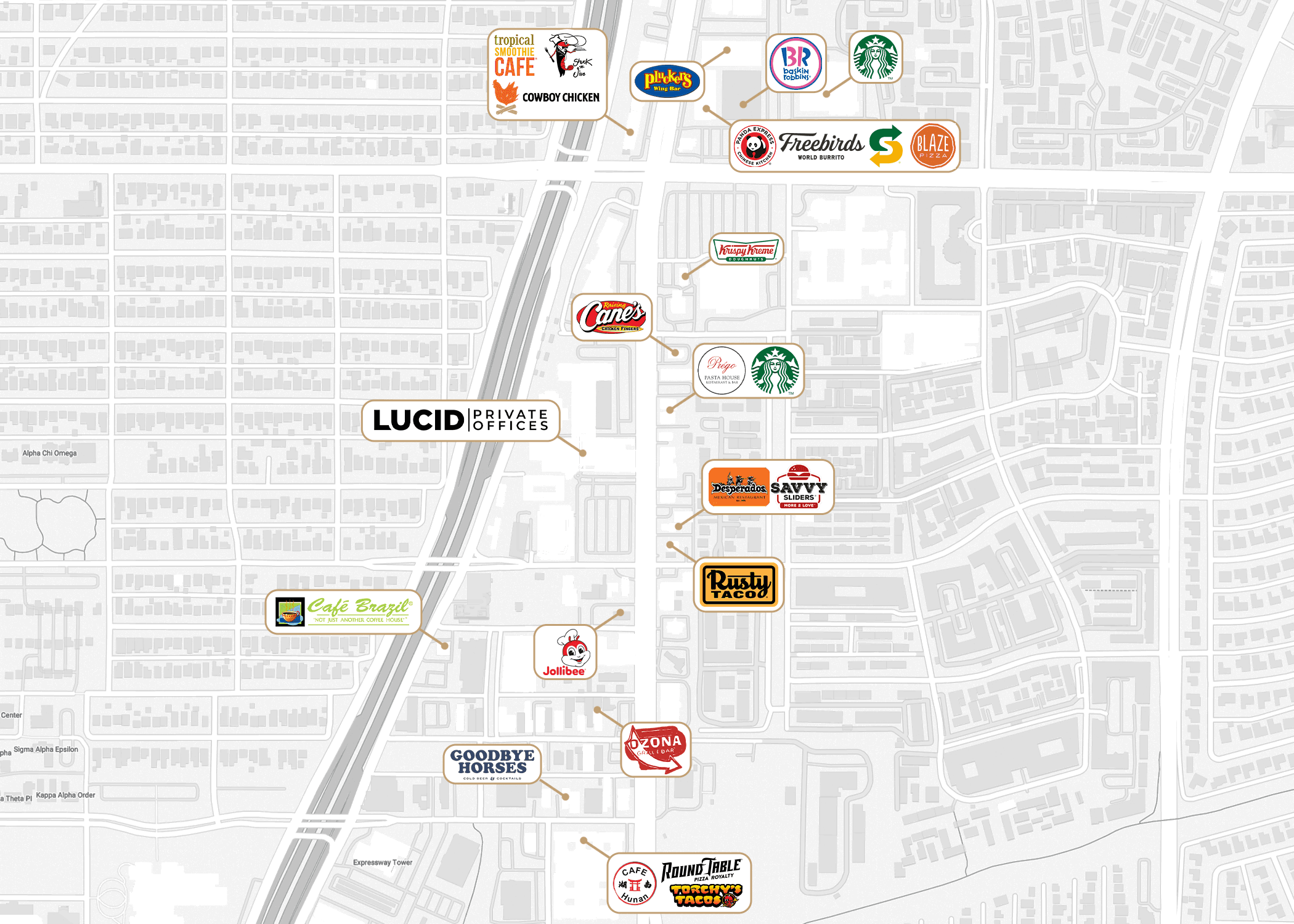 Nearby amenities map for Park Cities / Greenville Ave 