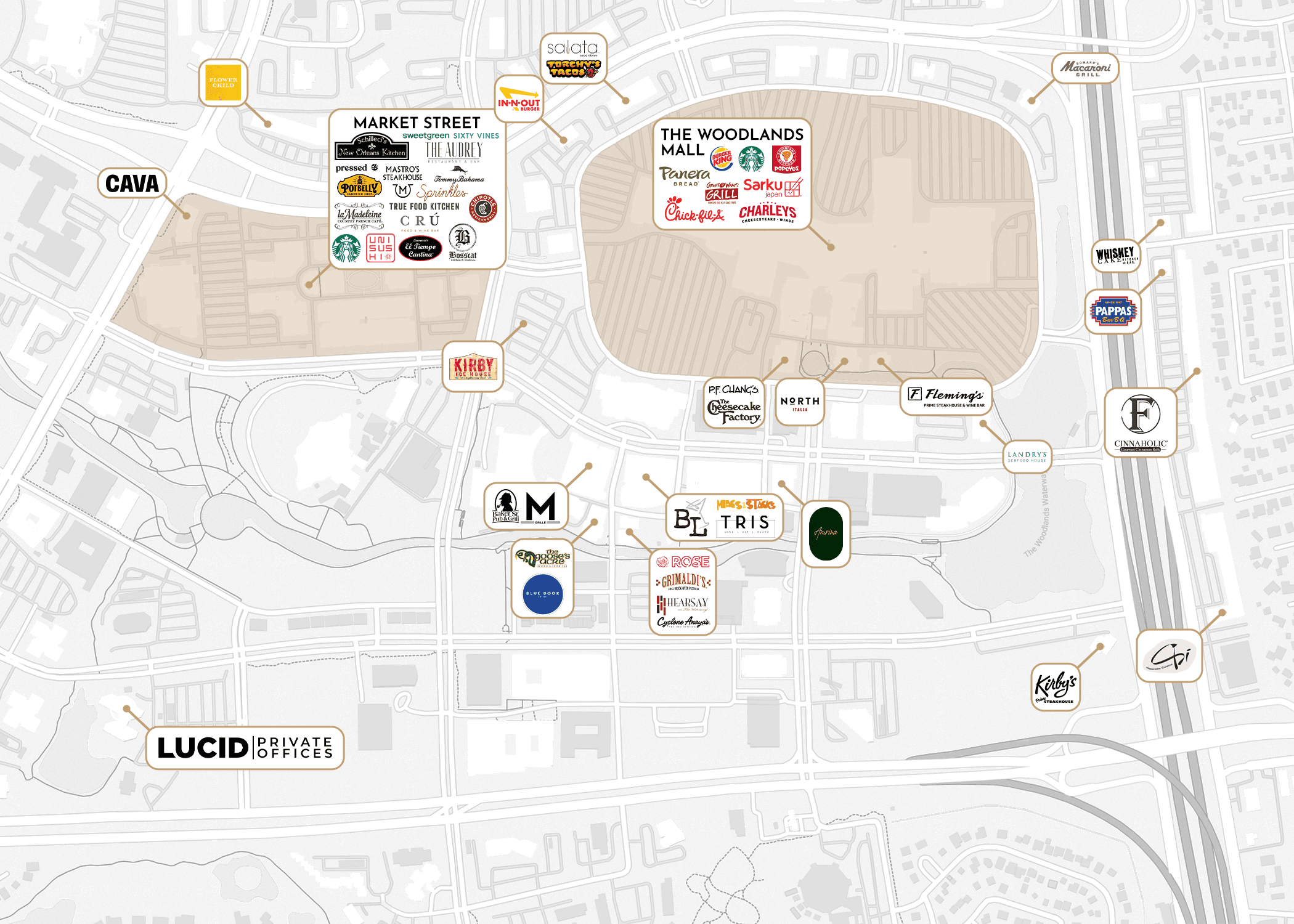 Nearby amenities map for The Woodlands 