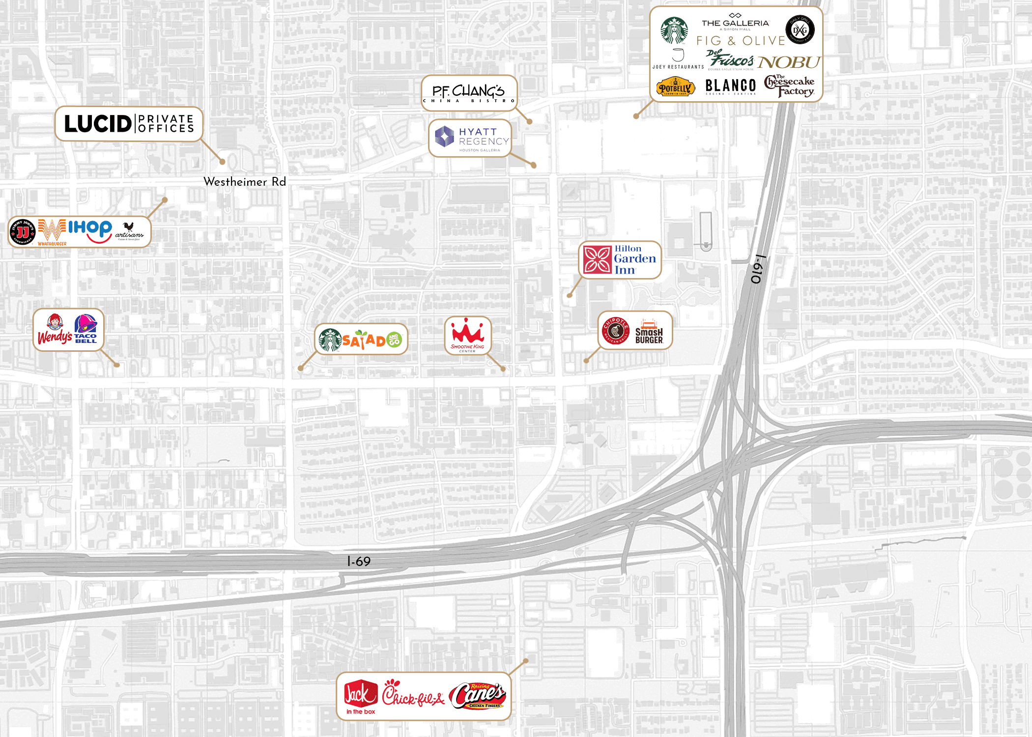 Nearby amenities map for Uptown / Tanglewood 