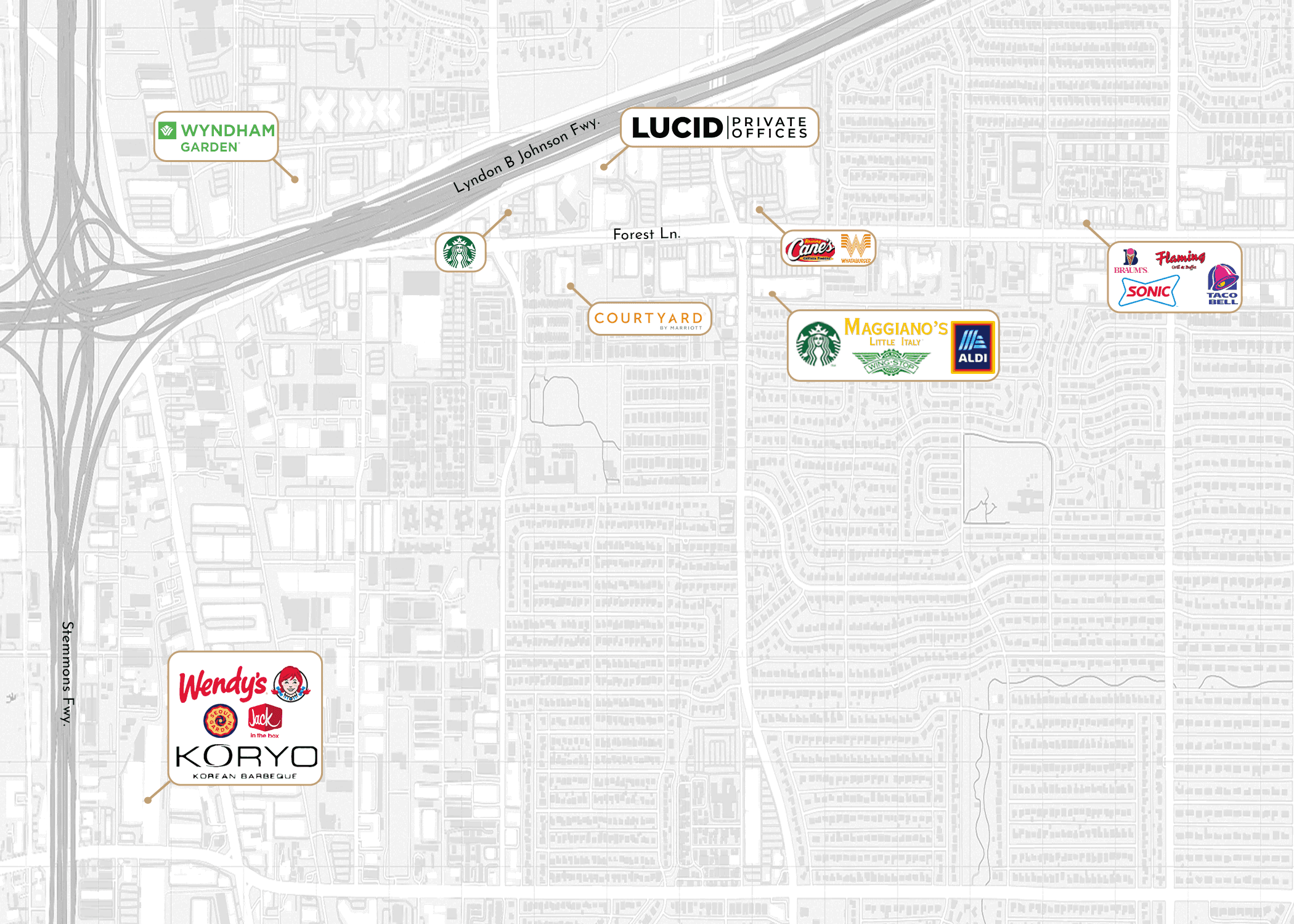 Nearby amenities map for LBJ Freeway / Farmers Branch 